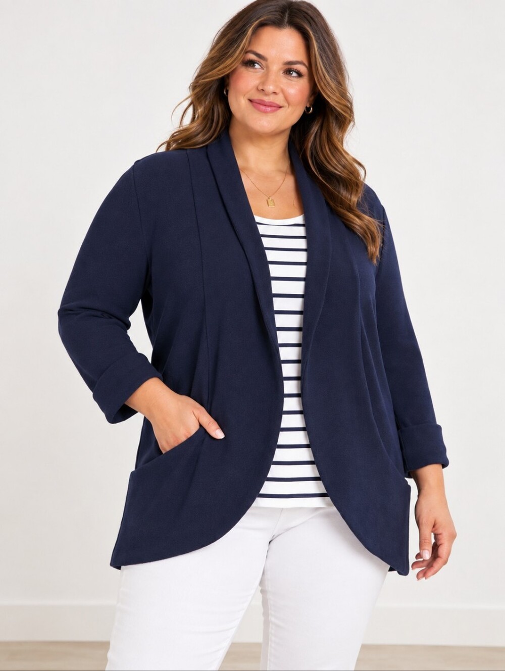FRENCHMAUVE Melanie Knit Tunic Blazer Jacket Plus 1X Navy Open Front NWOT